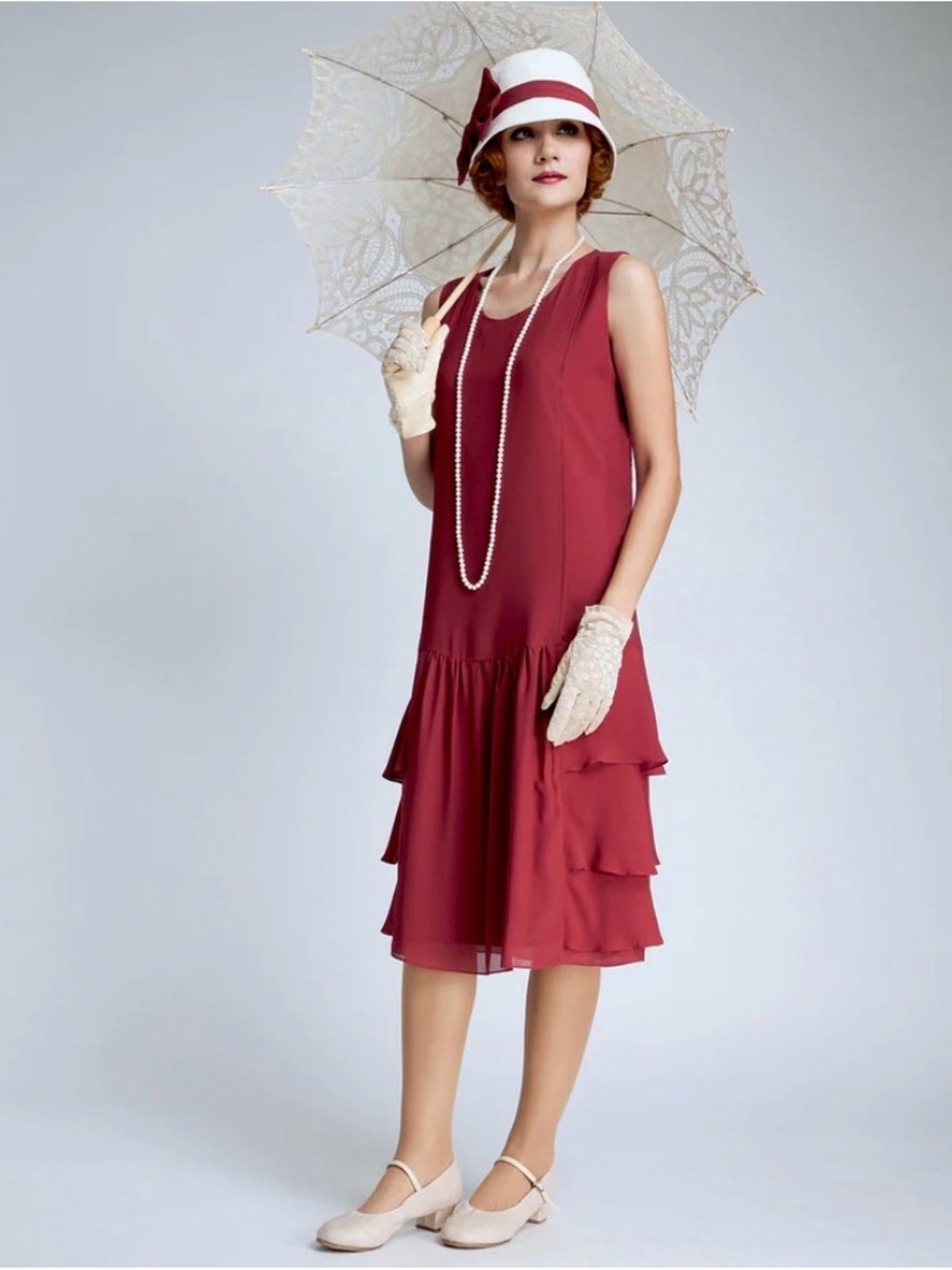 La Vie Delight Great Gatsby Dress Sleeveless Tiered Midi Dress in Wine Red M - Picture 2 of 12